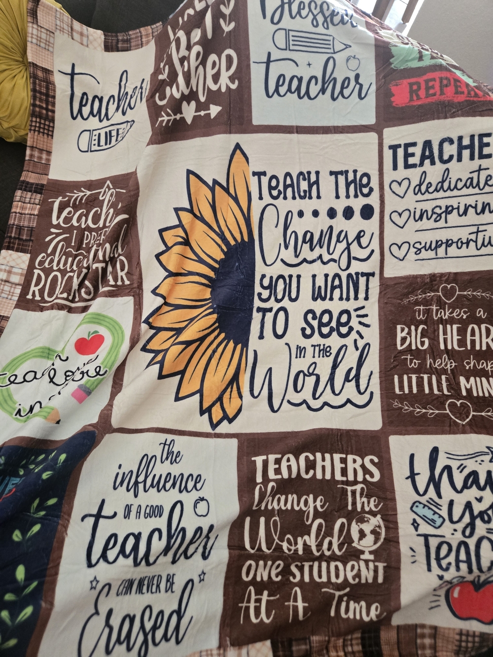 Teacher Sunflower Quilt Throw - Brown, Cream & Yellow